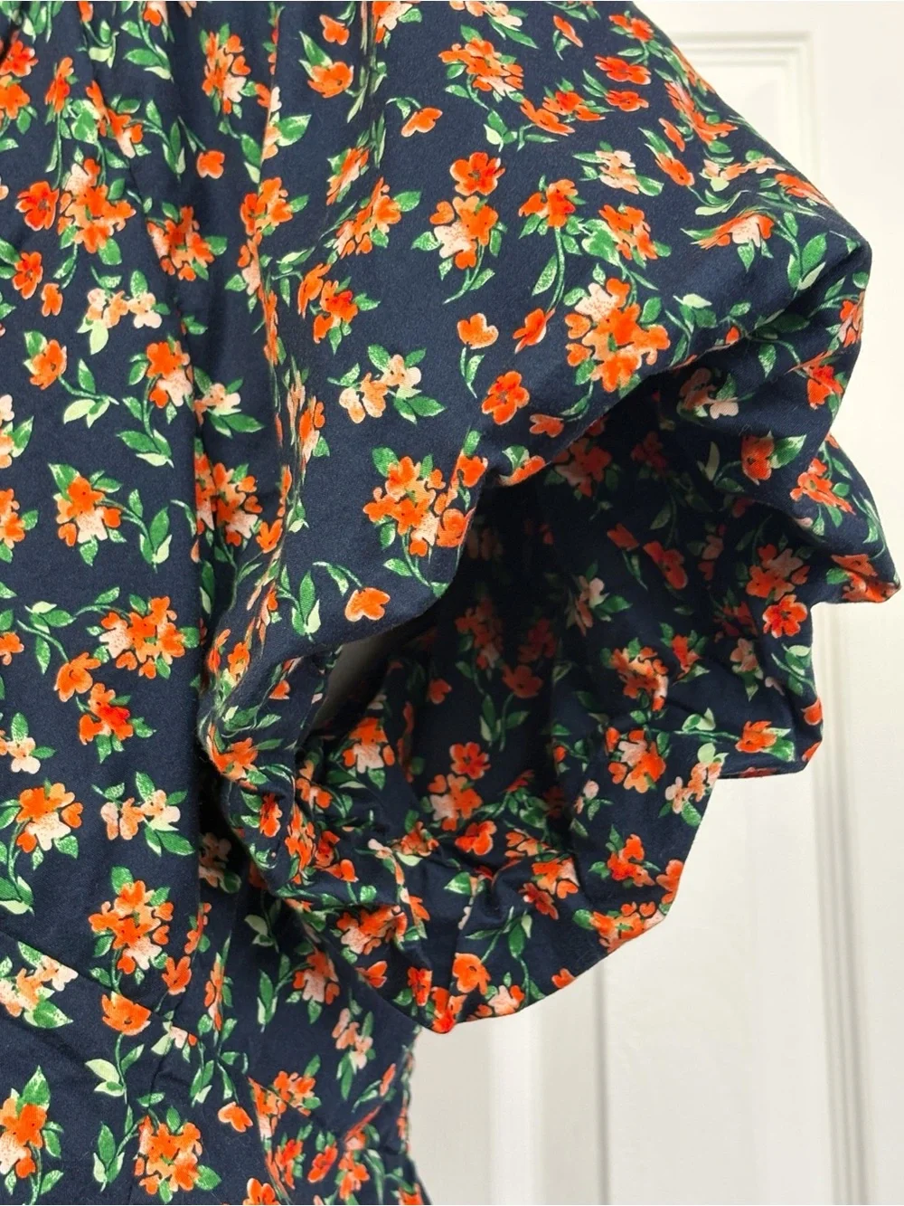 Old Navy Navy Blue & Orange Floral Print Puff Sleeve Smocked Trapeze Top XL